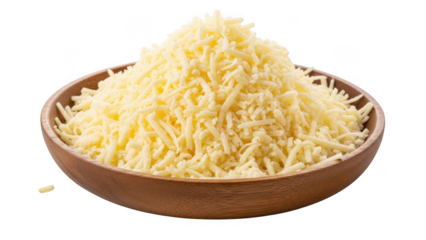 Shredded cheese in a wooden bowl isolated on transparent background