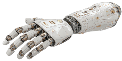 A robotic arm with articulated fingers, in white and copper, extends from a cut-off point