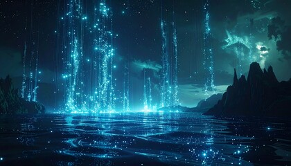 A surreal digital landscape depicts a body of water reflecting luminous, cascading streams of light. Jagged peaks frame the scene under a moody sky