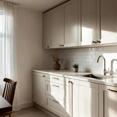 Fototapeta premium Luxury classical kitchen interior with gold ornaments, marble island, and crystal chandelier.