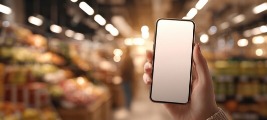 The smartphone held in a grocery store aisle with blurred background lights