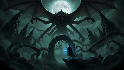 Dark grunge illustration of a scary Halloween night forest with a spooky moon and bats flying over twisted trees in a horror fantasy vector design