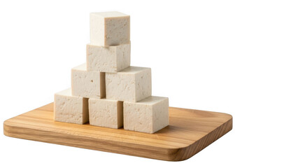 Tofu blocks stacked on wooden board isolated on transparent background