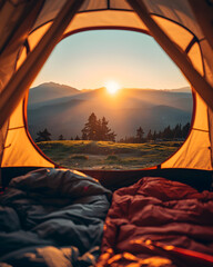 View from inside a camping tent at sunrise