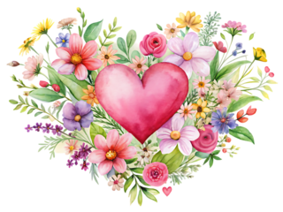 Pink heart surrounded by colorful flowers on black background
