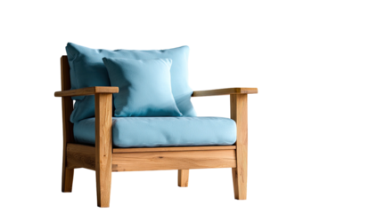 Wooden armchair with blue cushions set against a black backdrop