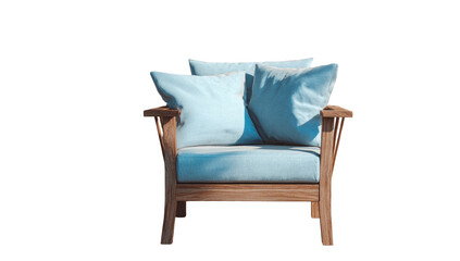 Fototapeta premium A wooden armchair with light blue cushions against a black backdrop, lit by sunlight