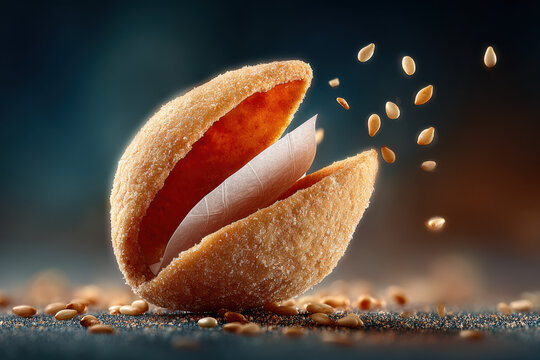 Macro shot of a fortune cookie at the moment it cracks open, with crumbs flying around and the small fortune paper slip visible inside.