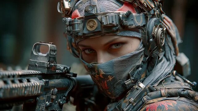 Female Soldier Armed with Rifle Tactical Gear Futuristic Warfare Military Combatant Modern Army Warrior Elite Forces Cyberpunk Mercenary Action Scene