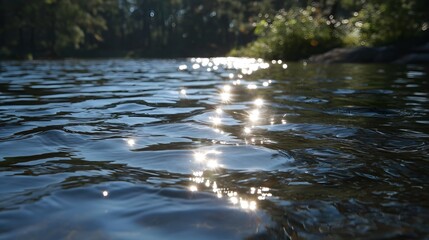 Naklejka premium Bright sunlight glares and sparkles on the rippling surface of a clear blue lake reflecting a serene natural environment