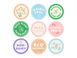 A set of stickers for various types of plant-based milk, such as oat, almond, and coconut. These labels highlight characteristics such as dairy-free and eco-friendly. Ideal for product labeling.