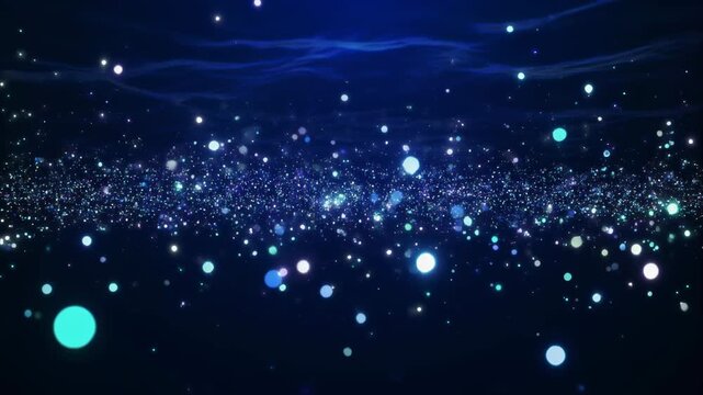 Deep blue cosmic dust nebula with glowing particles and ethereal light waves abstract background animation for science fiction fantasy and technology concepts