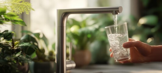 The glass of water being filled from a modern kitchen faucet among potted plants