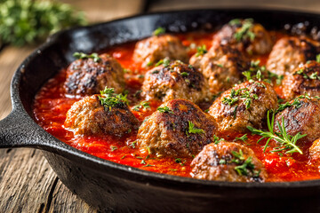 Fototapeta premium Juicy meatballs simmering in rich tomato sauce under studio lighting Generative AI
