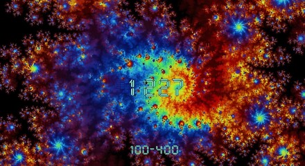 Vibrant, multicolored fractal geometry displays numerical information against a dark background.