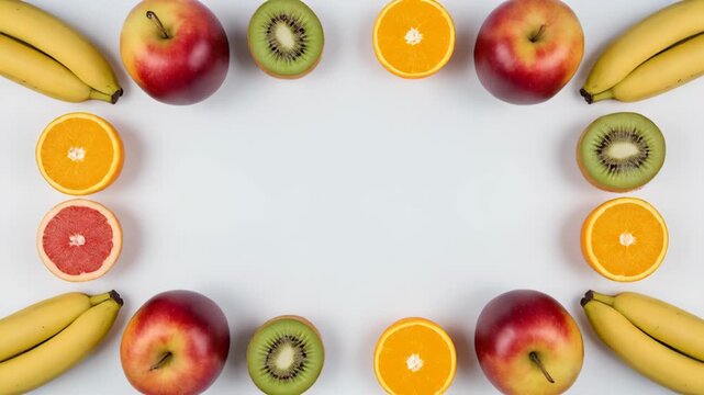 Bright Fruit Border with Apples Bananas and Citrus on White