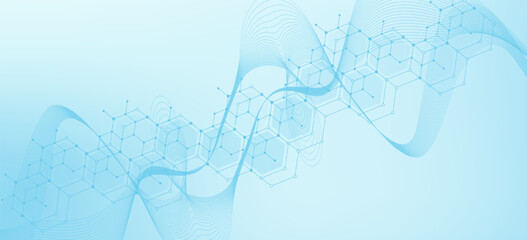 Health care or medical abstract background with hexagons, lines and dots. Scientific innovation banner template concept. Biology and pharmaceutical technology background. Vector illustration.