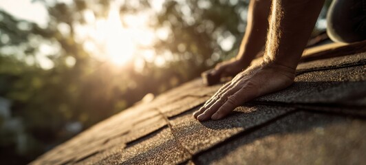 The hands on a shingled roof at sunset during roofing repair and maintenance
