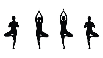 Fototapeta premium silhouette figures demonstrating tree pose yoga positions in a sequence isolated on a white background