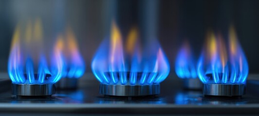 The gas stove burners with blue flames in a closeup kitchen scene