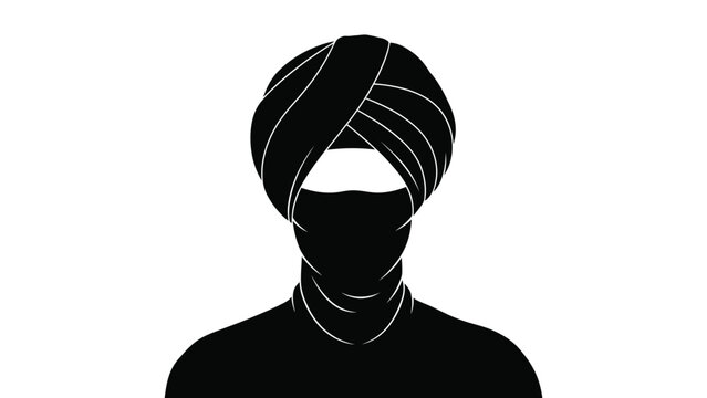 a black and white silhouette depicting a man wearing a traditional sikh turban headwear