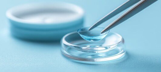The contact lens being held by tweezers above a clear lens case