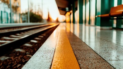 A stunning train station platform captured at dusk, featuring reflection on tiles and glowing lights, evoking feelings of anticipation and journeys yet to come.