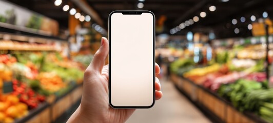 The smartphone held in a supermarket produce aisle with blank screen for mockup