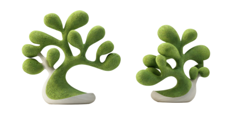 Two green, abstract sculptures featuring rounded forms, resting on white, curved bases