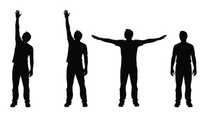 Fototapeta premium silhouette figures of people standing and raising arms in various poses against a white background