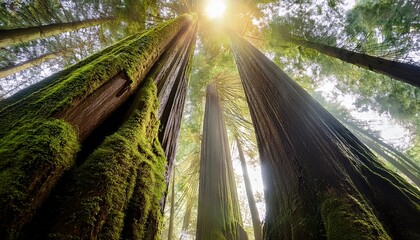 Sunlight Filtering Through Tall Redwood Trees, Generative AI