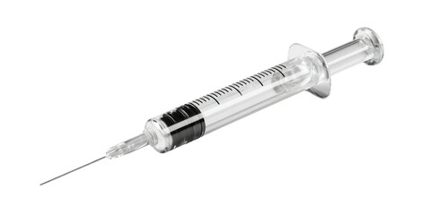 Fototapeta premium A medical instrument with a sharp needle, clear plastic barrel, and plunger; isolated on a black background