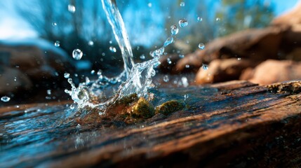 Water splashes dramatically against a weathered log, highlighting the beauty and power of nature in motion, captured in a vivid moment of refreshing energy and tranquility.