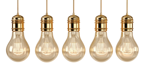Five decorative incandescent light bulbs with brass fixtures, isolated on a black background