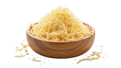 Shredded cheese in wooden bowl isolated on transparent background