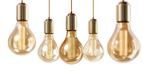 Five hanging light bulbs with brass fittings, emitting a warm glow against a black backdrop