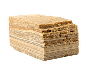 Layered, striated, rectangular block with rough, uneven edges and textured surface