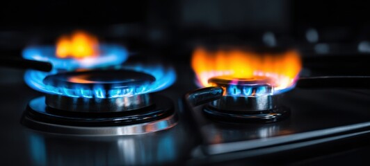 The Gas Stove Burners With Blue Flames On Stainless Steel Cooktop
