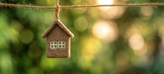 The house ornament hanging from a twine rope with soft bokeh background