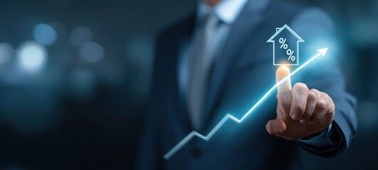 The businessman pointing at rising real estate investment growth chart with glowing house icon