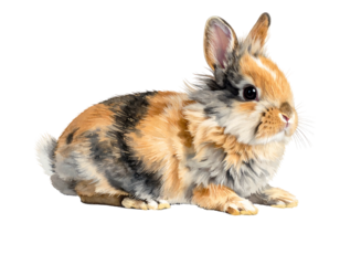 Adorable calico rabbit with fluffy fur and alert ears, isolated