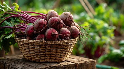 Fresh beetroot harvest in basket on garden background.