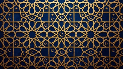 Elegant golden Islamic geometric pattern art with stars and crescent moons on a rich dark blue background, perfect for Ramadan or Eid decorations.