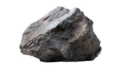 A close-up view of a large, jagged, dark grey stone isolated on a transparent background