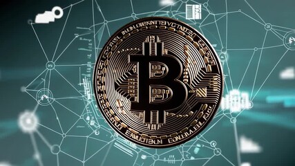 Golden bitcoin spinning amid digital network connections, data streams, and financial infographics representing blockchain technology, cryptocurrency trading, global financial systems - Powered by Adobe