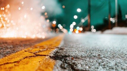 A captivating night scene captures the gritty essence of urban life, showcasing a dynamic street view with colorful lights and mist rising from the pavement, creating a vibrant atmosphere.