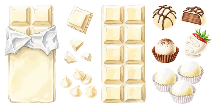 ホワイトチョコレートのイラスト素材セット 甘いスイーツコレクション｜ホワイトチョコ,トリュフ,板チョコ,苺チョコ