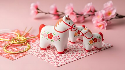 Japanese Traditional Ceramic Horse Figurines with Floral Patterns on Pink Decorative Background