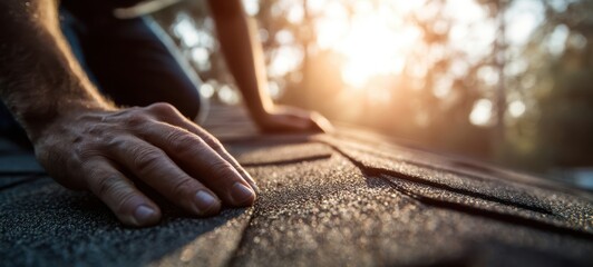 The Roof Repair Worker Inspecting Shingles At Sunset With Closeup Hands