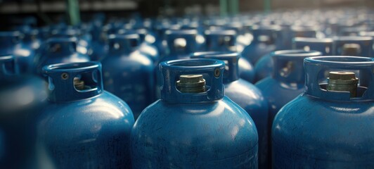 The gas cylinders neatly arranged in an outdoor industrial storage facility at dusk